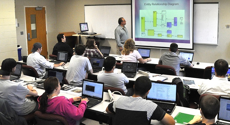 Image of a professor teaching a computer class in a lab
